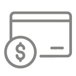 Gray outline icon of a credit card behind a coin with a dollar sign, symbolizing payment, money, or financial transactions, on a light background.