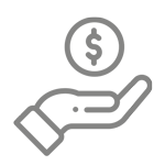 Gray outline of a hand with an open palm facing up, with a coin featuring a dollar sign hovering above it, representing receiving or giving money.