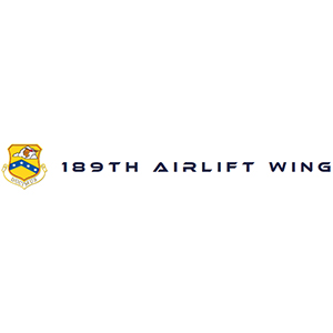 The image shows the emblem of the 189th Airlift Wing on the left, followed by the text 189TH AIRLIFT WING in navy blue, all on a white background.