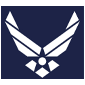 Stylized white U.S. Air Force logo on a dark blue background, featuring wings formed by six angled lines above a star with a circle in the center and three diamonds below.