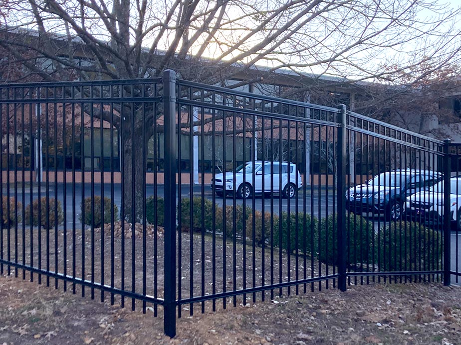A black metal fence forms a corner on a patch of dry grass, with a leafless tree behind it. In the background, several cars are parked in front of a building with large windows.