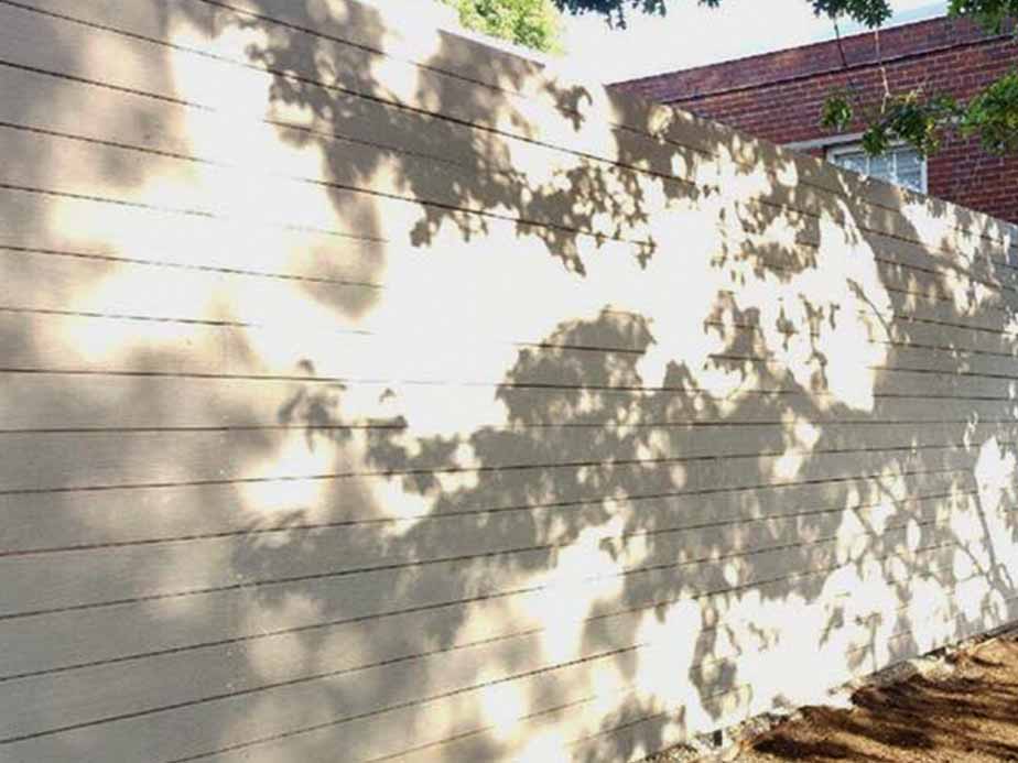 Sunlight filters through tree branches, casting leafy shadows onto a beige wooden fence. A corner of a red brick building and some greenery are visible at the top of the image.