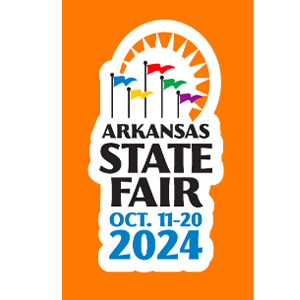 Arkansas State Fair logo with colorful flags and a sunburst, reading Arkansas State Fair, Oct. 11-20, 2024, on an orange background.