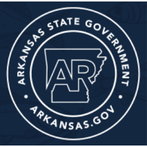 A circular logo with the words Arkansas State Government and Arkansas.gov surrounding an outline of the state of Arkansas with large letters AR inside it, set on a dark blue background.