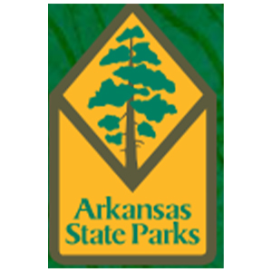 Logo of Arkansas State Parks featuring a green tree within a yellow diamond shape, with the text Arkansas State Parks below in green letters on a yellow background.