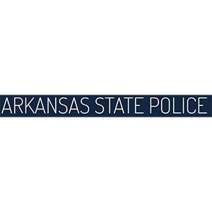 A dark blue rectangular banner with the words ARKANSAS STATE POLICE written in white, capital letters across the center.