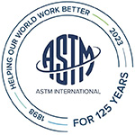 ASTM International 125th anniversary logo. Circular design with “Helping Our World Work Better,” years 1898 and 2023, and “For 125 Years.” ASTM International’s blue logo is centered.