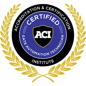 Circular badge with gold laurel wreath, black ring reading Accreditation & Certification Institute, and a blue center with a shield labeled ACI Certified Gate Automation Technician.