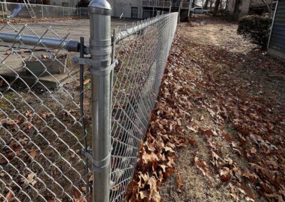A chain-link fence runs alongside a yard covered in dry fallen leaves, with houses and a playground visible in the background.