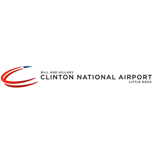 Logo for Bill and Hillary Clinton National Airport in Little Rock, featuring a stylized red and blue swoosh to the left of the airports name in bold, black text.
