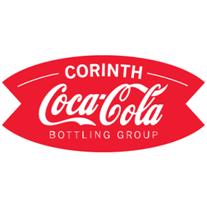Red logo featuring the words Corinth Coca-Cola Bottling Group in white, with Coca-Cola in its signature script font, inside a badge-shaped design.