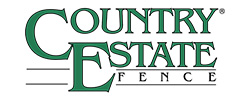 Logo for Country Estate Fence with Country in large green letters above a large E and the words Estate Fence in green. Two horizontal lines run behind the E.