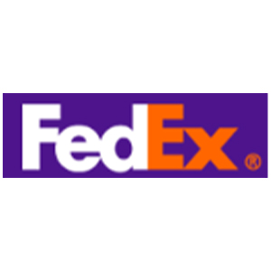 FedEx logo with Fed in white letters and Ex in orange, all on a purple background.