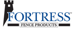 Logo for Fortress Fence Products featuring a black castle tower on the left and the word FORTRESS in large blue letters, with FENCE PRODUCTS in smaller black text below.