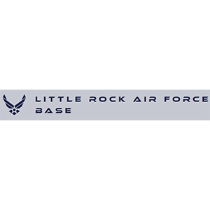 Logo with the U.S. Air Force symbol followed by the text “Little Rock Air Force Base” in blue on a gray background.
