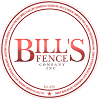 Circular logo for Bill’s Fence Company Inc. in red and white, featuring the company name prominently in the center, with “Est. 2001” at the bottom and a border of repeating text around the edge.