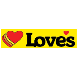 The Love’s logo features a red heart with yellow stripes next to the word “Love’s” in bold black letters on a yellow background, with a small red heart above the letter v.