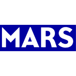 The image shows the word MARS in bold, white uppercase letters centered on a solid blue rectangular background.