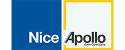 Logo featuring Nice in white text on a blue square and Apollo Gate Operators in black text on a white square outlined in yellow.