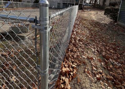 A metal chain-link fence runs through a yard covered with dry fallen leaves. A concrete area and a playground slide are visible on one side, with houses and trees in the background.