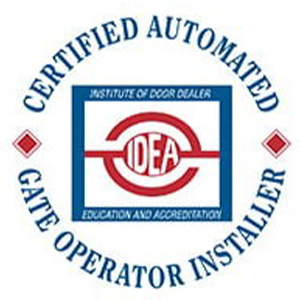 Circular badge with blue text reading Certified Automated Gate Operator Installer surrounding a red and blue logo labeled IDEA Institute of Door Dealer Education and Accreditation.