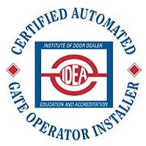 Circular badge with blue text reading Certified Automated Gate Operator Installer surrounding a red and blue logo labeled IDEA Institute of Door Dealer Education and Accreditation.