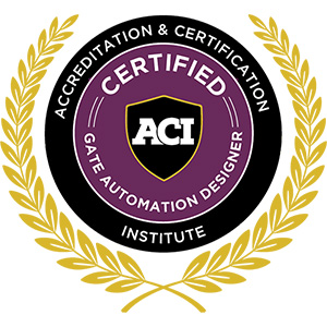 A circular badge with Accreditation & Certification Institute around the edge, Certified Gate Automation Designer in the center, an ACI shield, and a gold laurel wreath border.