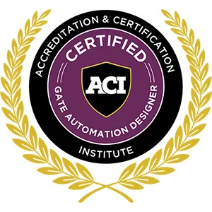 A circular badge with Accreditation & Certification Institute around the edge, Certified Gate Automation Designer in the center, an ACI shield, and a gold laurel wreath border.