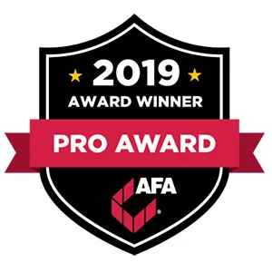 A black shield-shaped badge with 2019 Award Winner at the top, a red ribbon in the center reading Pro Award, and the AFA logo at the bottom.
