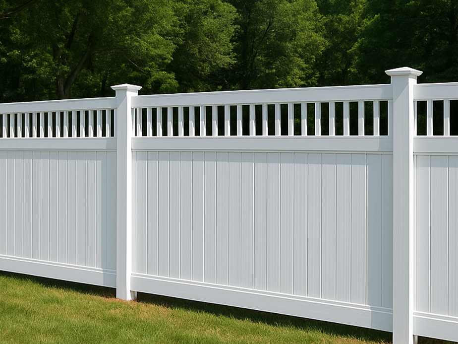 A tall white vinyl privacy fence with vertical panels and decorative lattice at the top stands on green grass, with lush trees in the background.