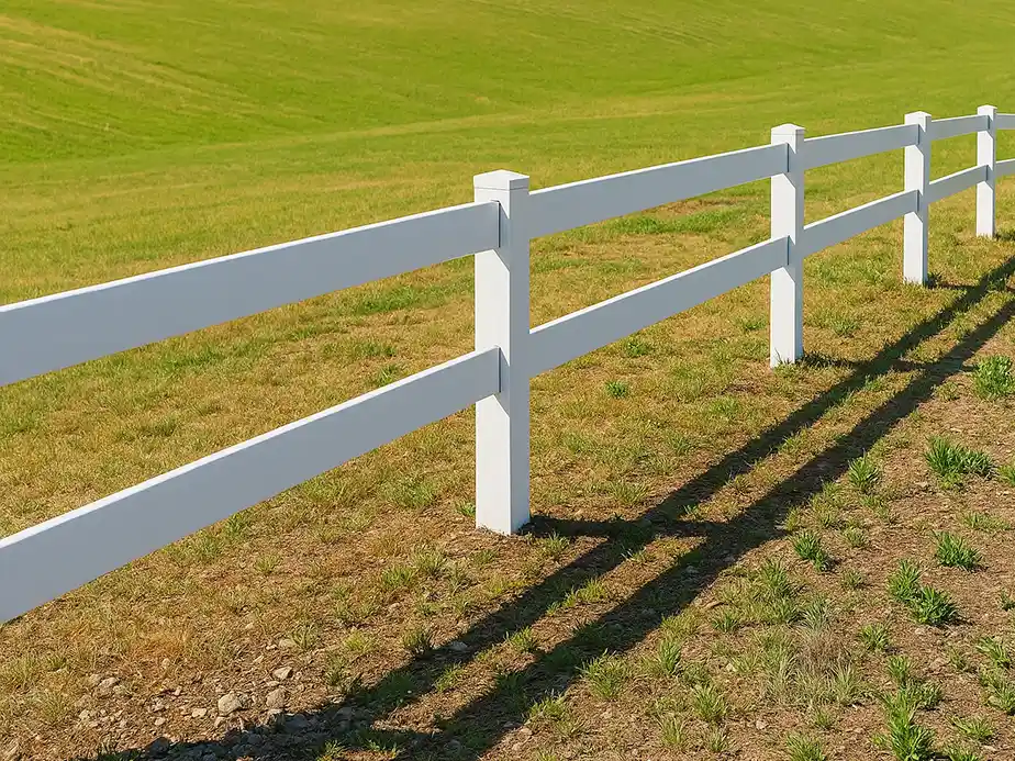 A white wooden fence runs diagonally across a grassy field, casting long shadows on the ground under bright sunlight. The field is green with some brown and sparse patches of grass.