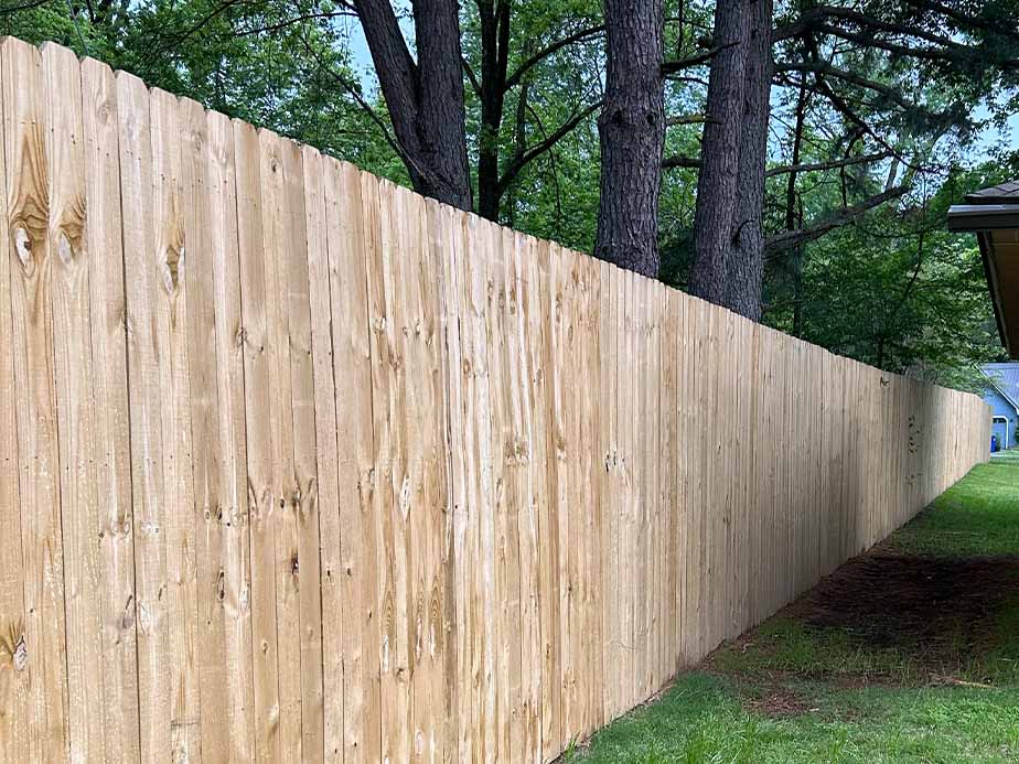 A tall wooden privacy fence runs along a grassy yard, with trees and a house visible in the background.