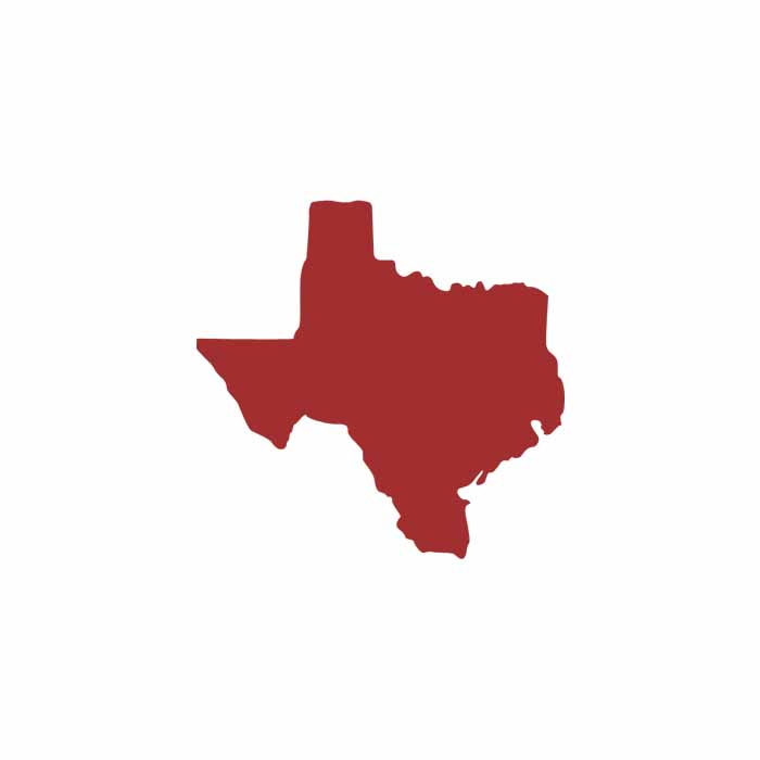 A solid red silhouette of the state of Texas is centered on a white background.