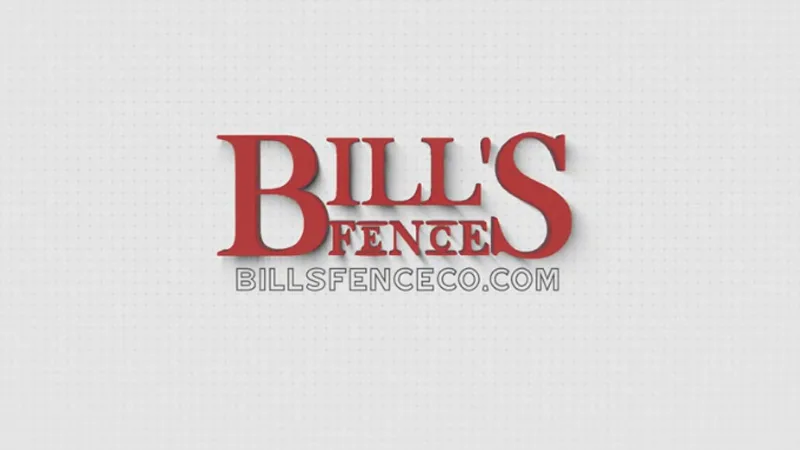 Logo with the words Bills Fence in large red letters and BILLSFENCECO.COM in smaller gray letters below, all on a light dotted background.