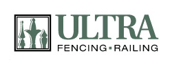Ultra Fencing and Railing logo with stylized silhouettes of fence post tops inside a square and the words ULTRA Fencing · Railing in green text.