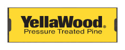 Yellow rectangular logo with black text that reads YellaWood Pressure Treated Pine. The background is solid yellow, and the text is centered.