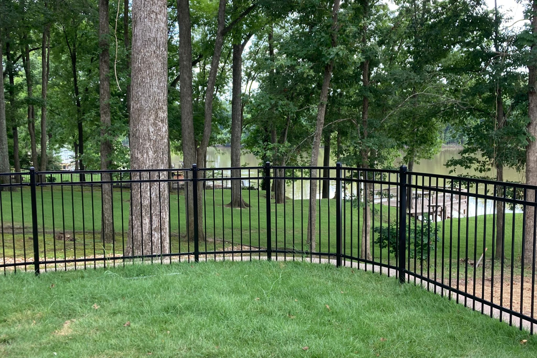 A black metal fence encloses a grassy yard with tall trees. Beyond the fence, there is more grass, trees, and a calm river in the background. The scene is peaceful and green.
