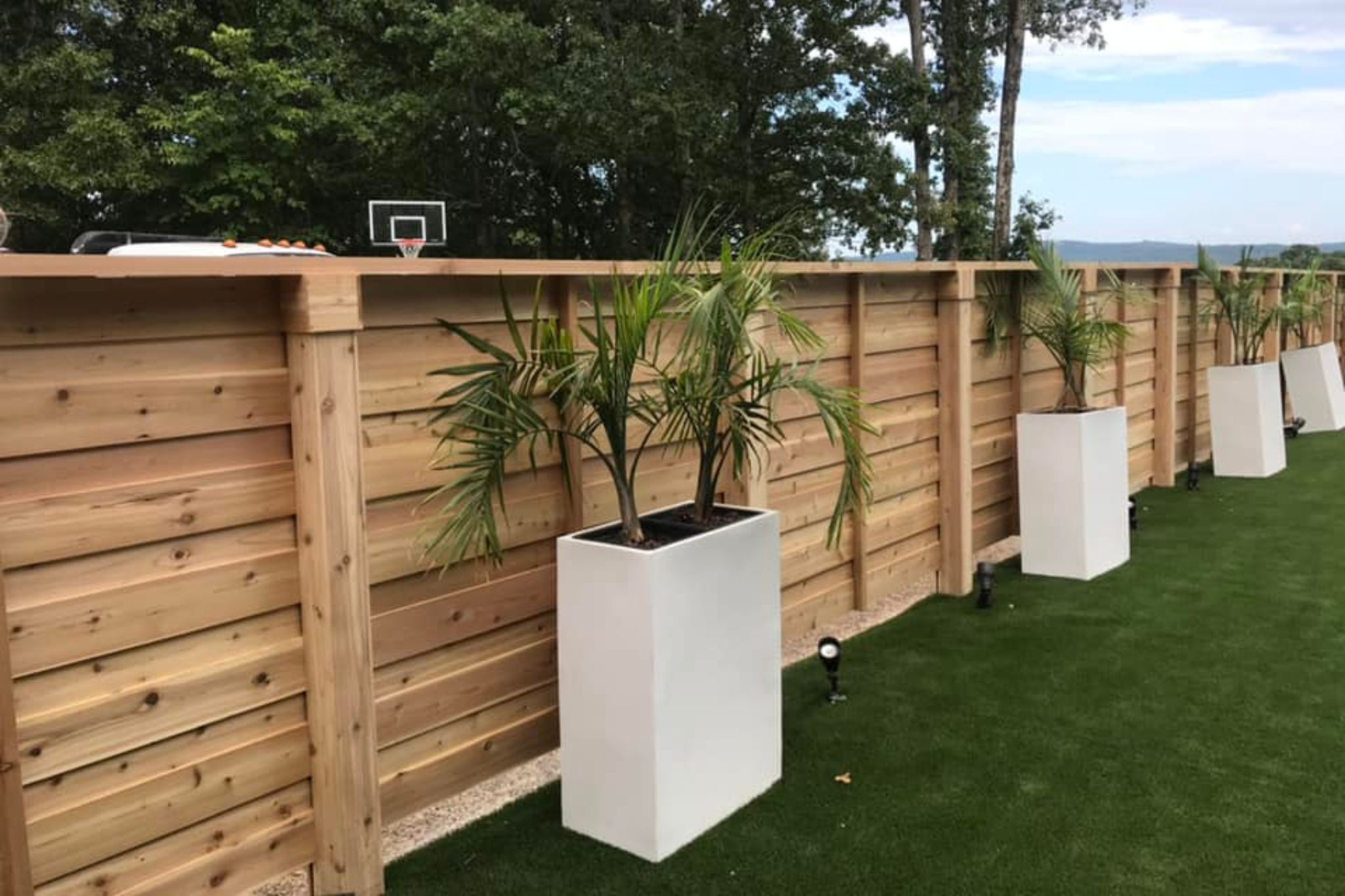 A row of tall, wooden privacy fences with potted palm plants in white rectangular planters lined up on artificial grass; trees and a basketball hoop are visible in the background.