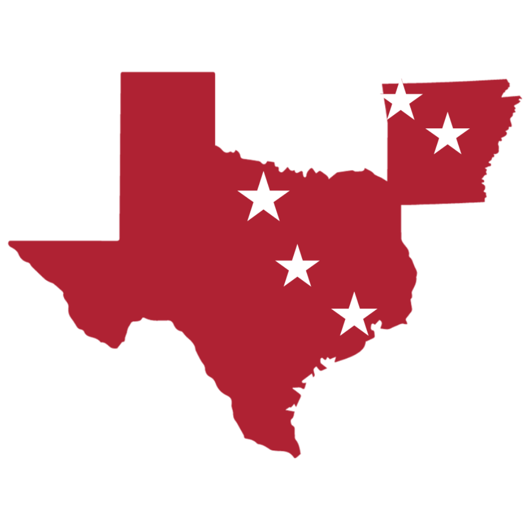 Bills Service Area 1 A red map showing the outlines of Texas and Arkansas with five white stars marking different locations across both states.