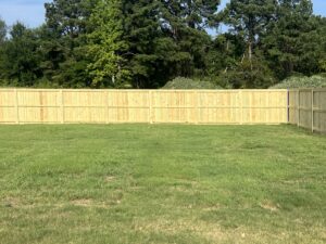 A backyard with green grass and a new, light wooden privacy fence. In the background, tall trees with dense green foliage line the edge of the yard under a clear sky.