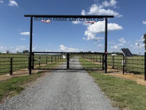 Wide metal gate with Holden Farms and Cattle Co sign, blocking a gravel driveway leading into green fields. Solar panel stands to the right under a partly cloudy blue sky.