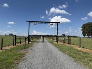 A gravel road leads through a gated entrance labeled Holden Farms and Cattle Co into a green pasture under a blue sky with white clouds. Fences and a few trees are visible on both sides.